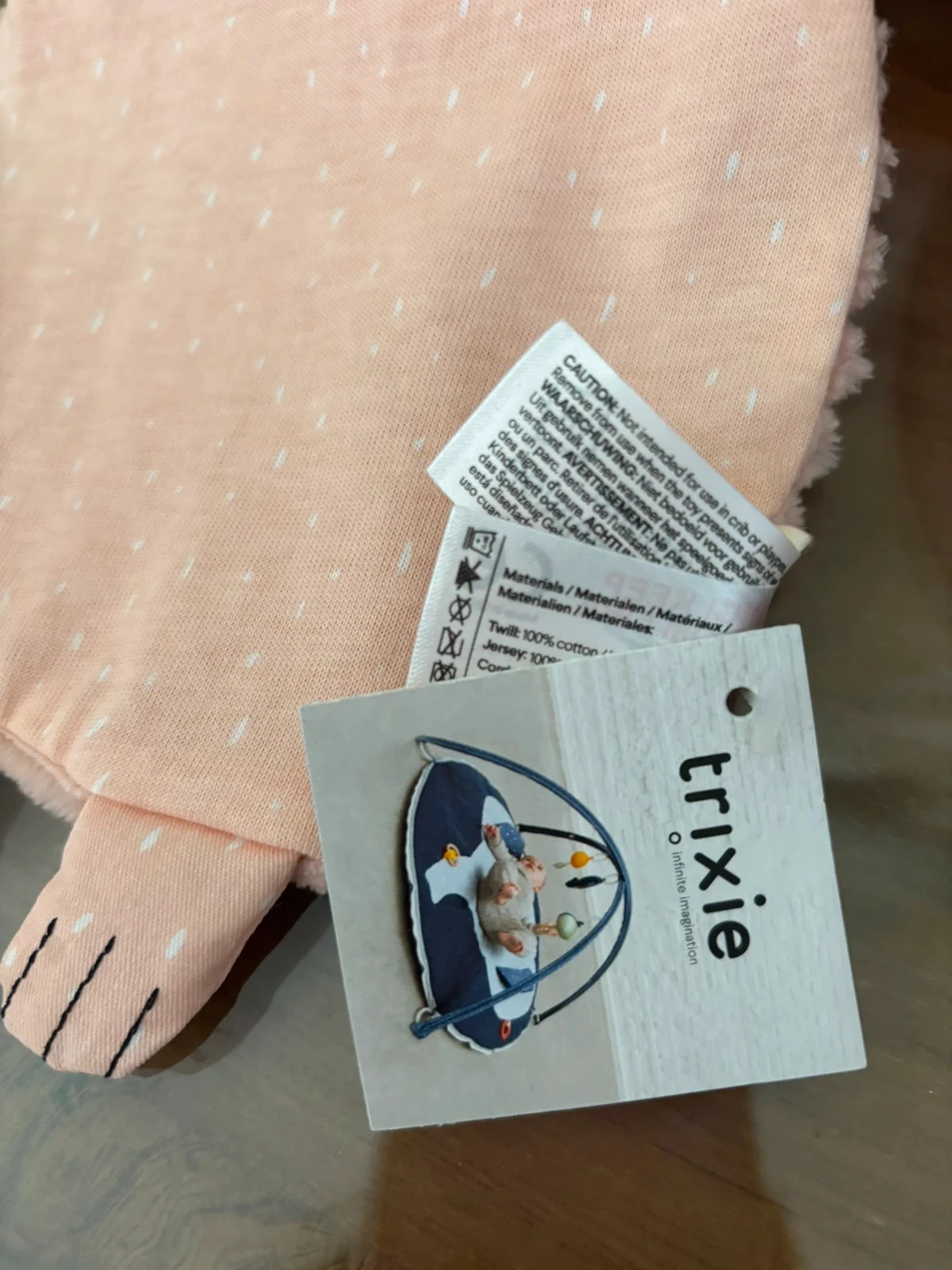 Doudou plat lapin rose abricot attache sucette Trixie – photo 5